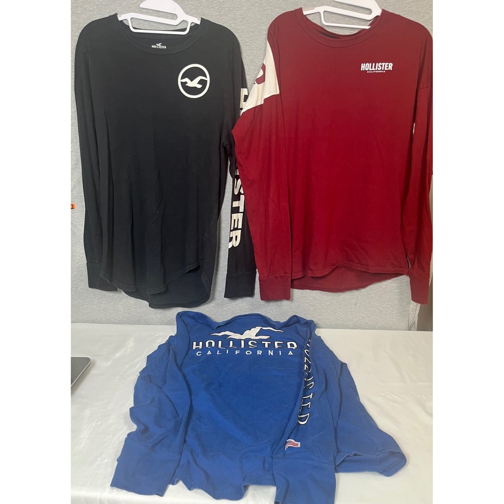 Hollister Mens Long Sleeve Graphic T-Shirt Bundle 3 Pack Blue Black Red Size M
